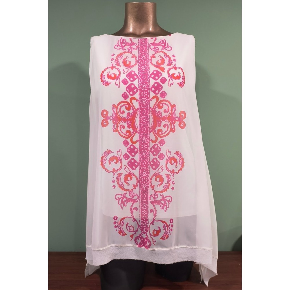 Analili Sleeveless White Pink Orange Damask Sharkbite Chiffon Tunic Top Size M
